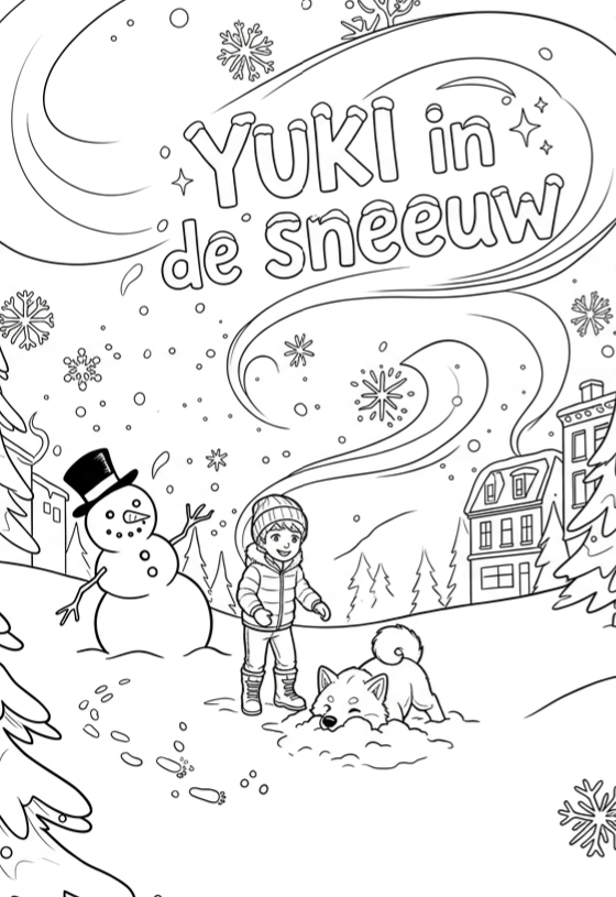 Kleurplaat Yuki in de sneeuw met sneeuwpop