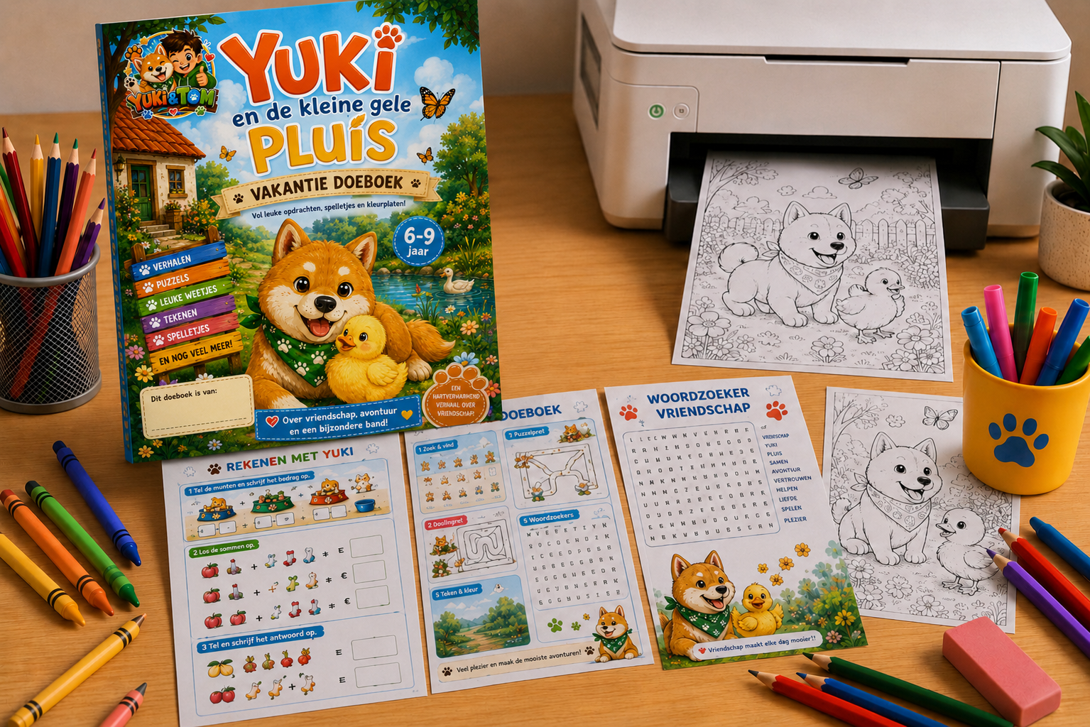 Vakantie doeboek Yuki en de kleine gele Pluis met werkbladen, puzzels en kleurplaten