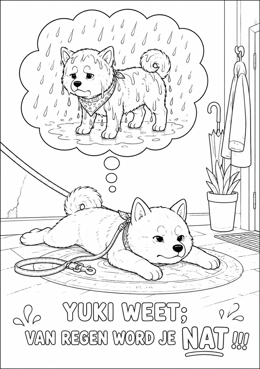 Kleurplaat Yuki weet: van regen word je nat