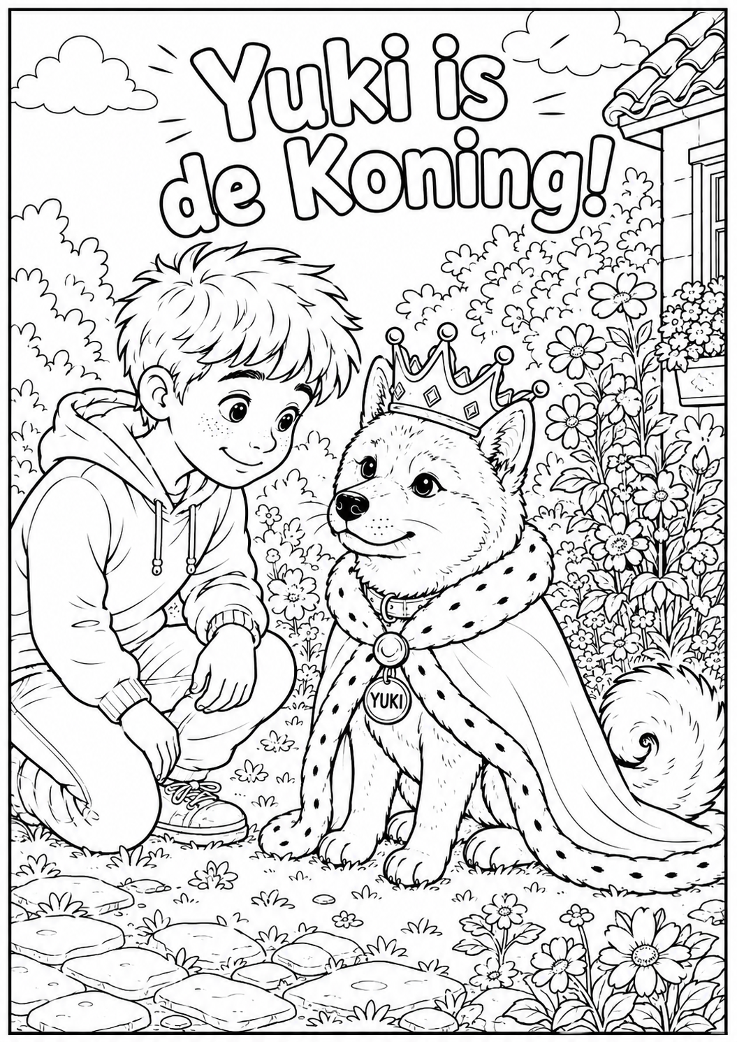 Kleurplaat Yuki is de Koning met Tom