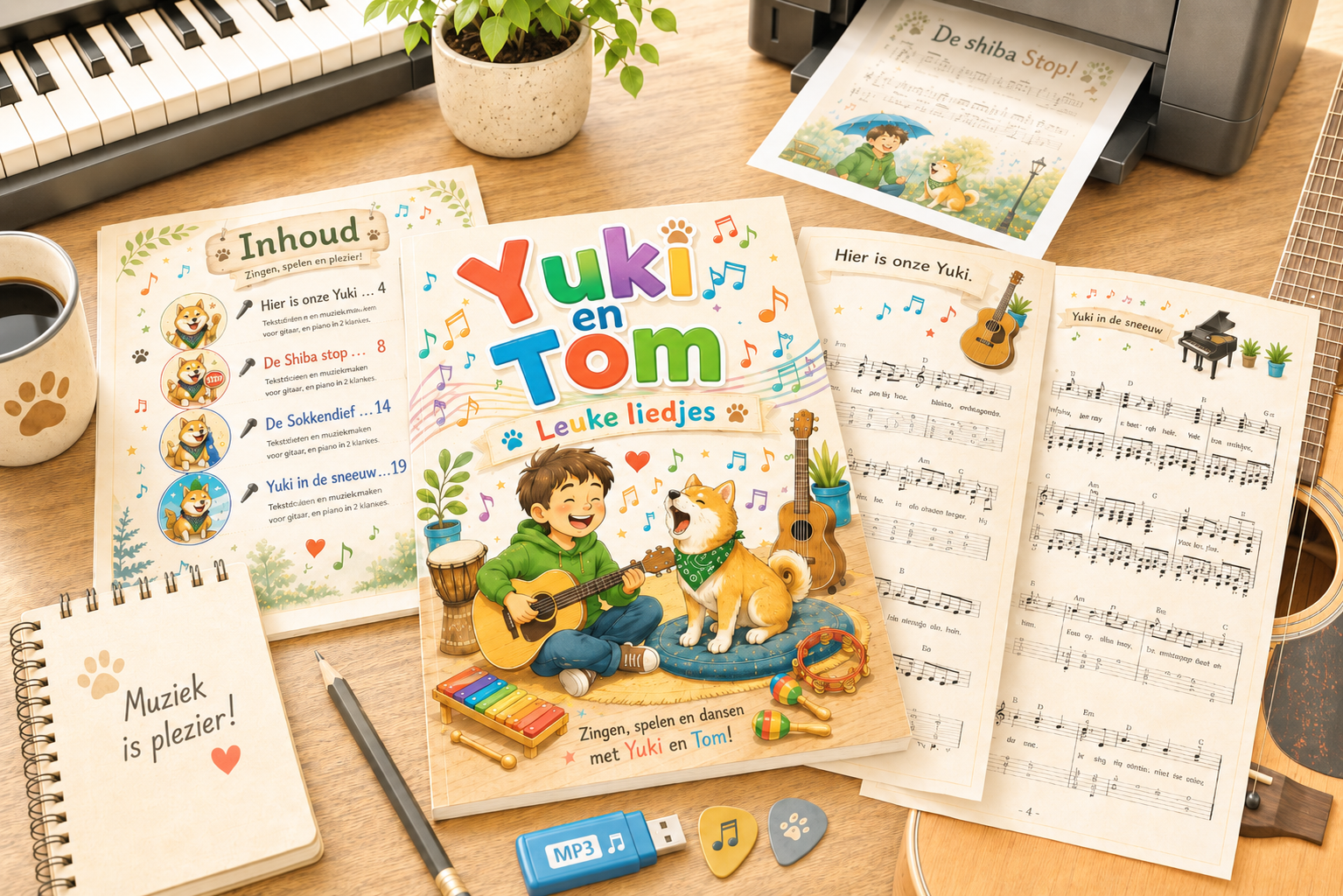 Yuki en Tom leuke liedjes montage met boek, bladmuziek en muziekinstrumenten