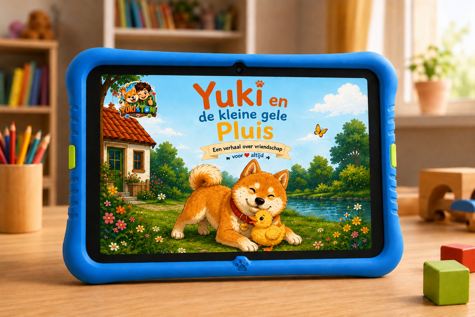 Yuki en de kleine gele Pluis op een kindertablet