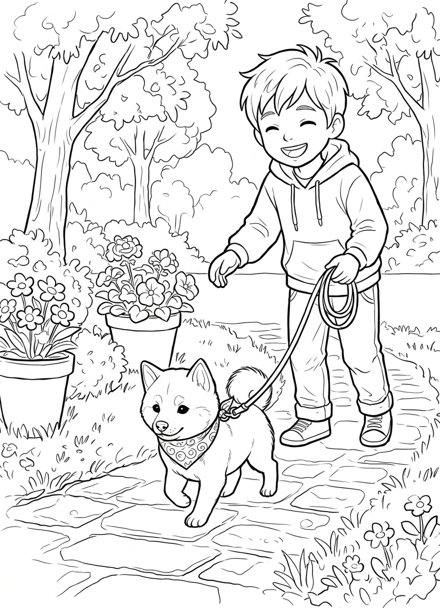 Kleurplaat Tom wandelt met Yuki in het park
