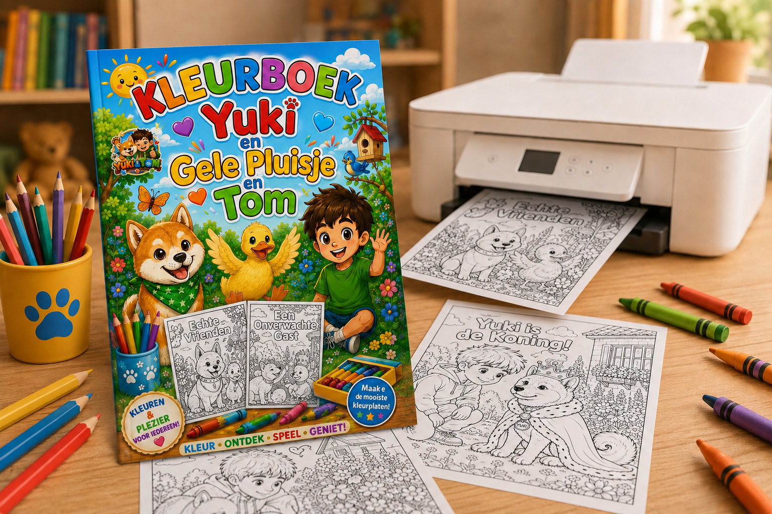 Kleurboek Yuki en Gele Pluisje en Tom met kleurplaten en kleurpotloden